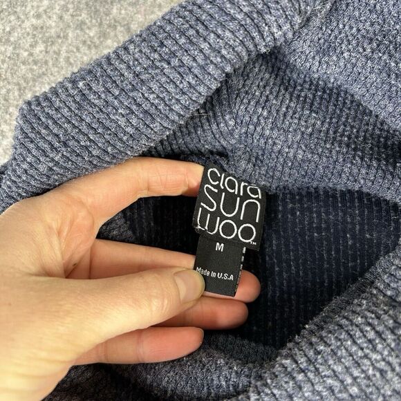 Clara Sun Woo Tunic Top Womens Medium Cowl Neck Rib Knit Blue Made In USA - Picture 4 of 8